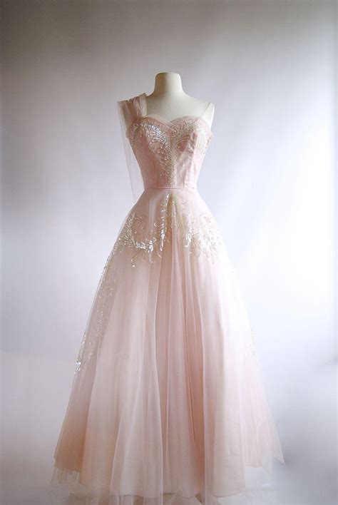 1950s Pink Tulle Evening Gown Vintage 50s Pink Prom Dress Xtabay