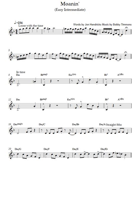 Moanin Easyintermediate Level Alto Sax Charles Mingus Saxophone Sheet Music