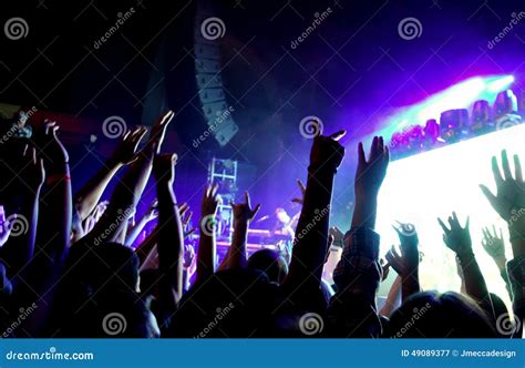 Crowd Of People At A Rock Concert With Hands In The Air Stock Image