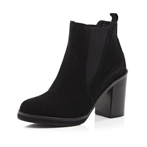 river island black suede chelsea block heel ankle boots in black lyst