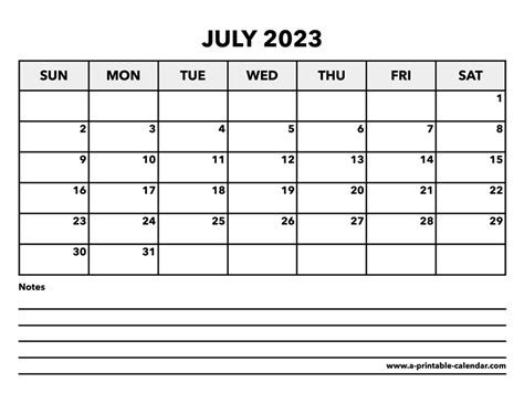 Calendar July 2023 A Printable Calendar