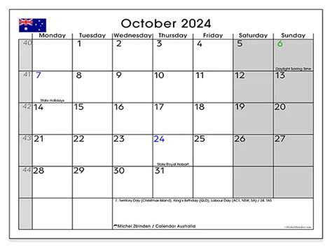 Calendar October 2024 Australia Michel Zbinden En