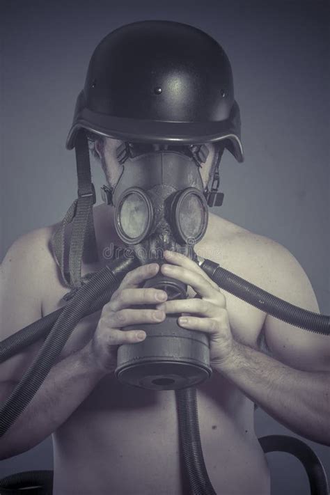 Survival Man With Black Gas Mask Pollution Concept And Ecological Disaster Stock Image Image