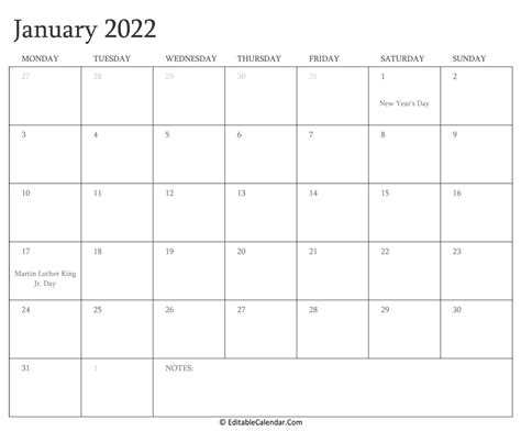 January 2022 Editable Calendar With Holidays