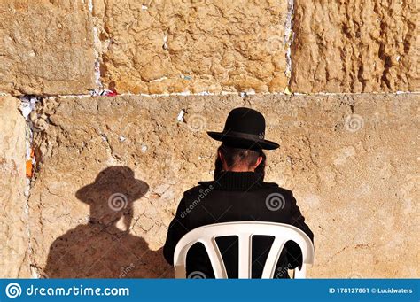 Jewish Orthodox Man Praying At The Western Wailing Kotel Wall Jerusalem
