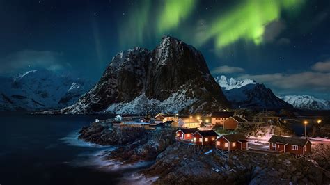 Lofoten Norway Village Aurora Northern Lights 4k Wallpaperhd Nature