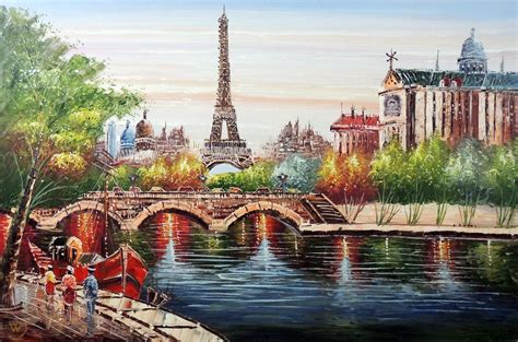 Paris Eiffel Tower River Seine Boats Bridge Stretched 24x36 Oil