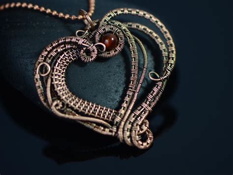 Wire wrapped heart necklace artistic wire weave copper wire necklace carnelian wire weave copper 