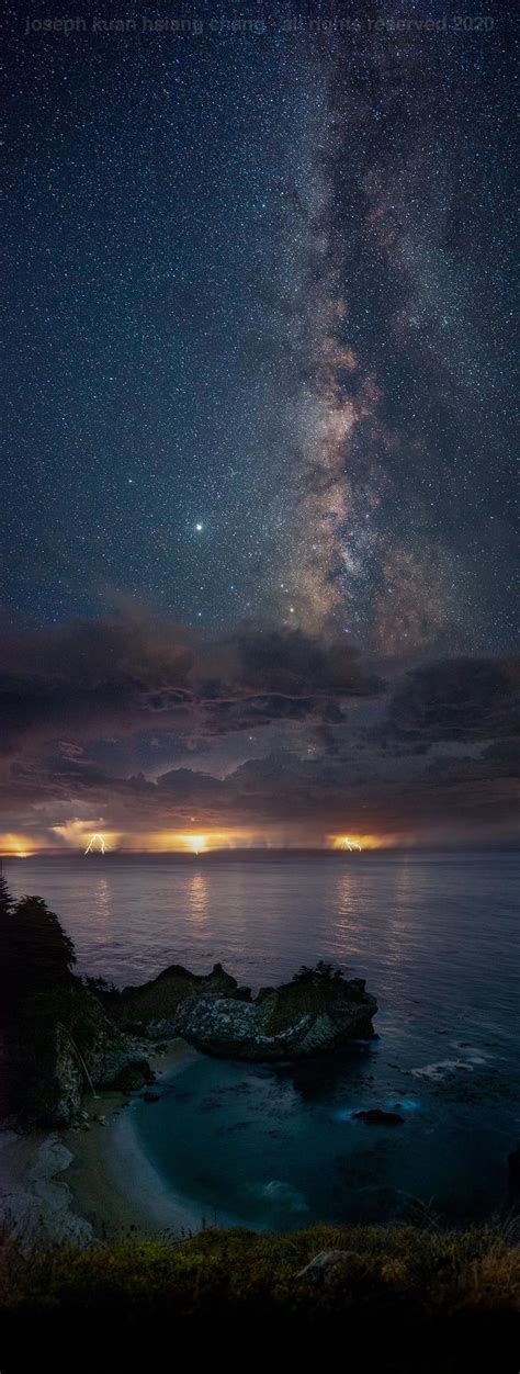 Milky Way Bioluminescent Algae And Lightning At Mcway Falls Big Sur