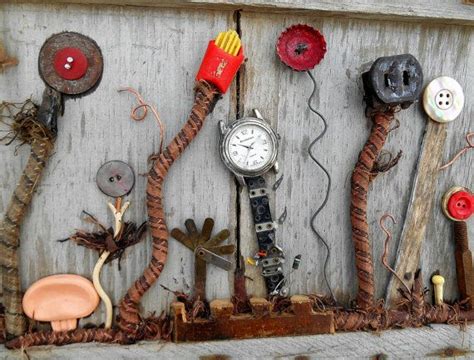 Garden Art Assemblage Found Objects On Reclaimed Wood Etsy Wooden