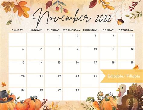 Editable November 2022 Calendar Thanksgiving Day Printable Etsy Singapore