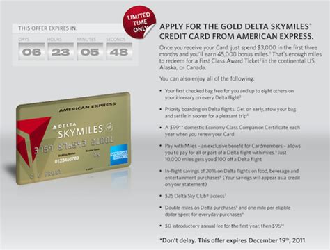Delta skymiles amex card overview. 45,000 SkyMiles for Gold Delta SkyMiles credit card through December 19, 2011 - One Mile at a Time