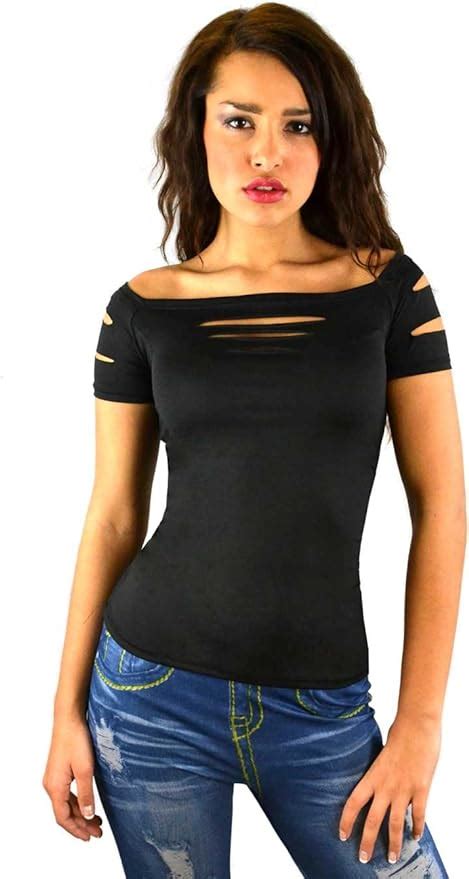 Ladies Womans Sexy Ripped Slashed Black Tight T Shirt Top Clubwear Uk Health