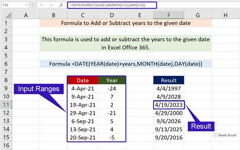 Excel Formulas To Add Or Subtract The Years To The Given Date