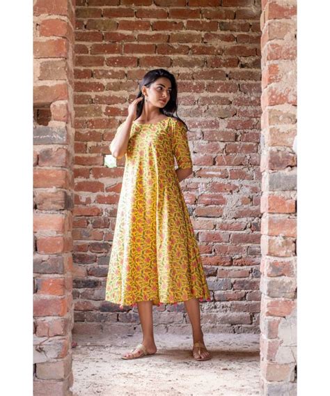 Yellow Woven Cotton Stitched Dresses The Anarkali Shop 3081700