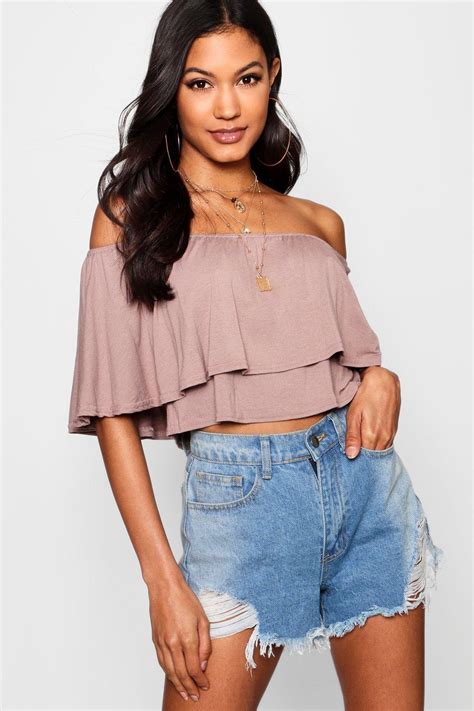 boohoo womens libby off the shoulder frill crop top
