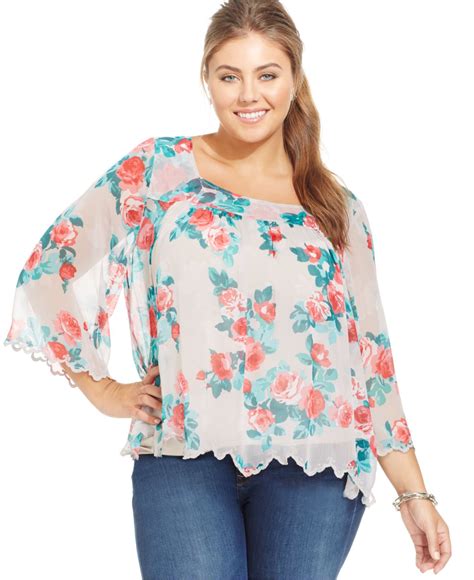 Jessica Simpson Plus Size Bell Sleeve Floral Print Blouse In Pink Lyst