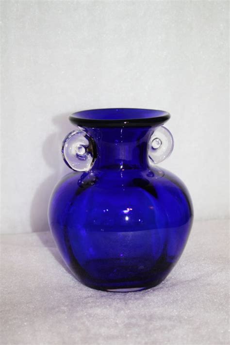 Vintage Cobalt Blue Glass Vase Clear Glass Handles Very Pretty Made In Poland Beautiful