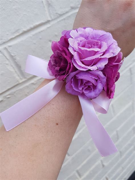 Lilac And Wine Pink Rose Flowers Wrist Corsage With Pale Pink Ribbon Bow