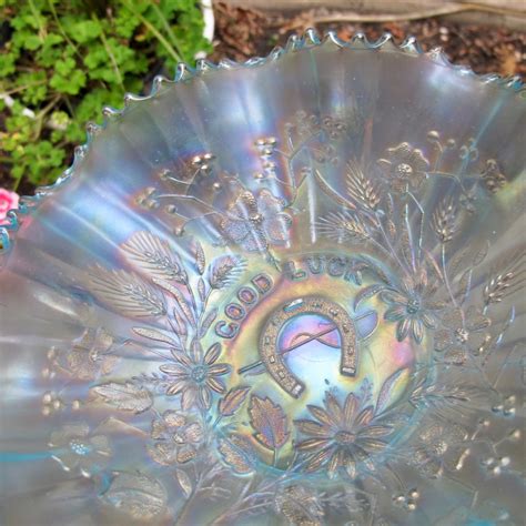 Antique Northwood Ice Blue Good Luck Carnival Glass Bowl Carnival Glass