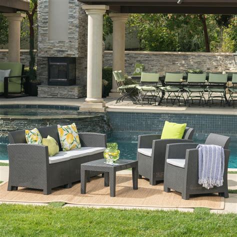 Noble House 4 Piece Wicker Patio Conversation Set With Light Gray