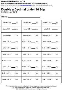 Free Printable Mental Maths Worksheets for Children aged 4-11