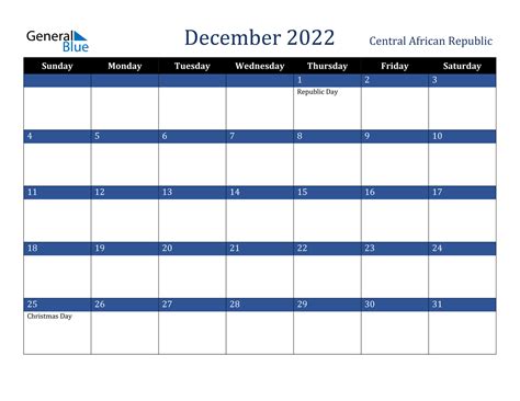 Central African Republic December 2022 Calendar With Holidays