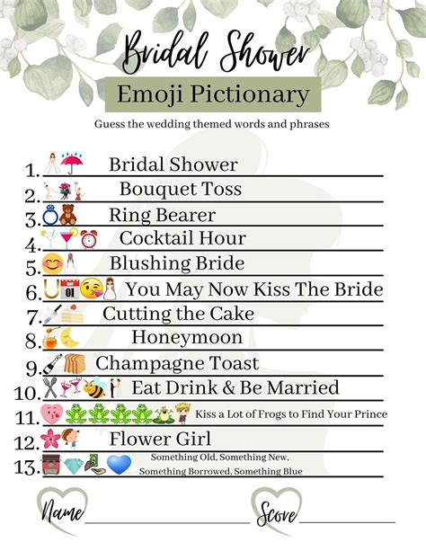 Bridal Shower Emoji Pictionary Guessing Game With Answer Key Uk
