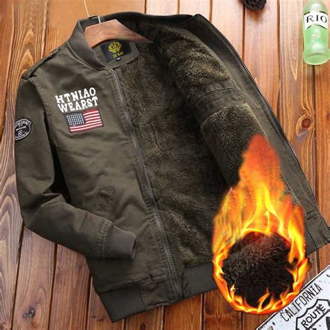 Winter Mens Army Green Military Jacket Warm Fleece Cotton Bomber Jacket