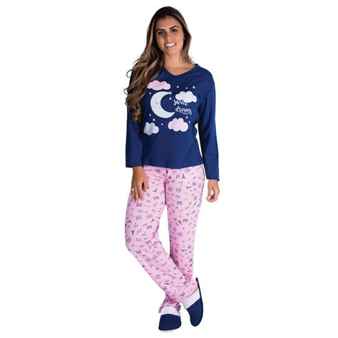 Pijama Estampado De Inverno Feminino Em Tecido Canelado Victory Na Bra Lingerie