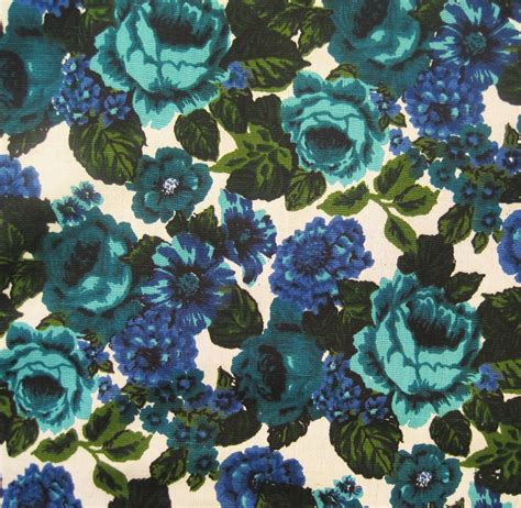 60s fabric vintage floral upholstery fabric cotton linen blue