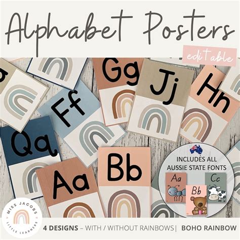 Boho Rainbow Alphabet Posters Editable Neutral Rainbow Etsy