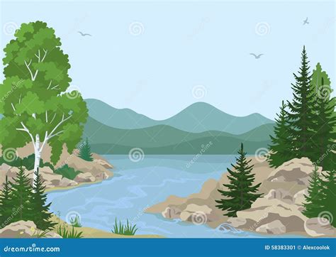 Landscape With Trees And Mountain River Cartoon Vector Cartoondealer
