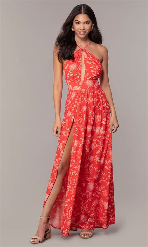 Opt for light colors and fabrics for a daytime wedding. Long Coral Print Open-Back Casual Wedding-Guest Dress