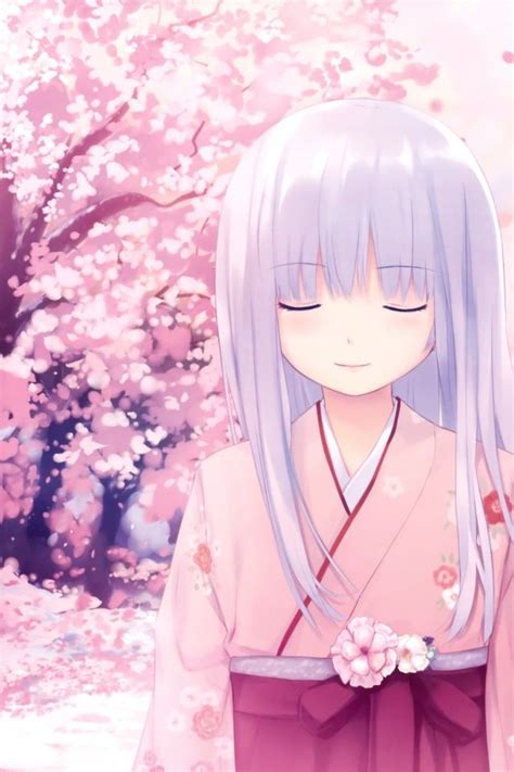 Anime Girl With Blonde Hair And Kimono Cherry Blossoms Kimono White