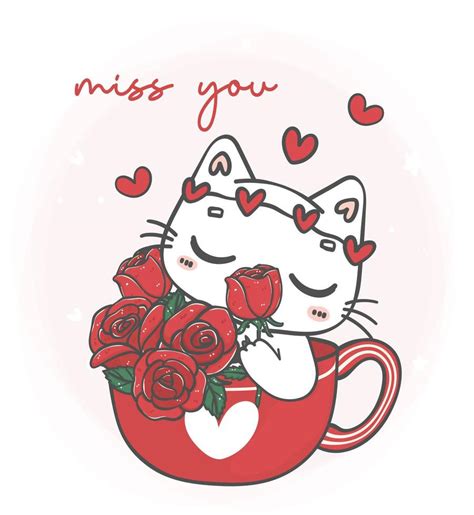 Cute Kawaii White Cat Smelling Roses Flowers In Red Mug Miss You Pet