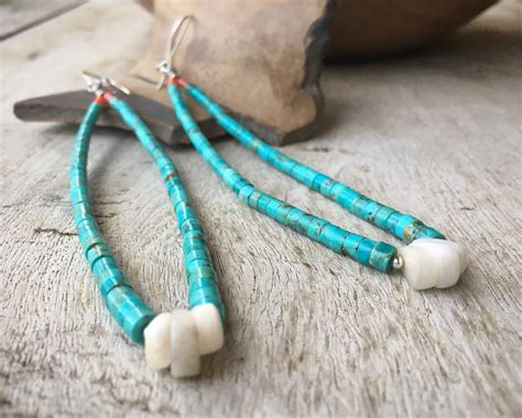 Long Turquoise Heishi Earrings With White Shell Jacla Native America