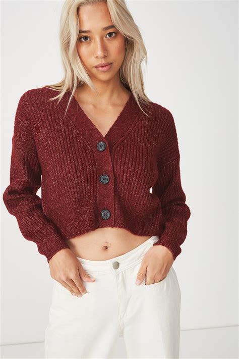 Luxe Cropped Cardigan Cabernet Cotton On Knitwear