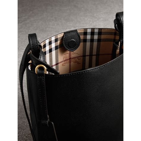 Leather And Haymarket Check Crossbody Bucket Bag In Black Burberry