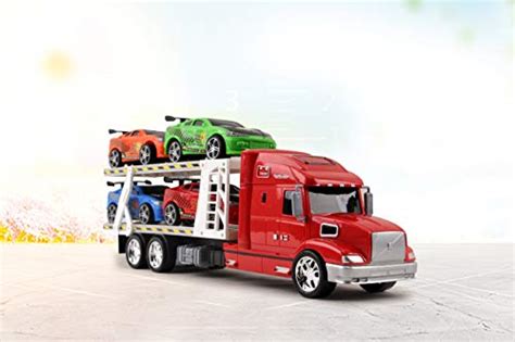 Vokodo Toy Semi Truck And Trailer 20 Inch Push And Go With 4 Race Cars