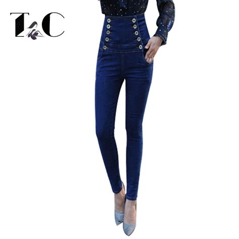 Tc Womens High Waist Jeans 2017 Female Skinny Slim Denim Strech Blue Double Breasted Pockets