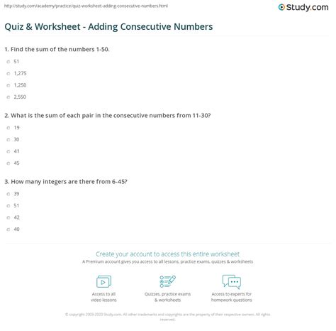 Adding Consecutive Numbers Worksheet
