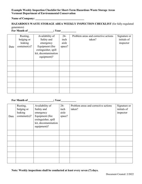 Vermont Example Weekly Inspection Checklist For Short Term Hazardous