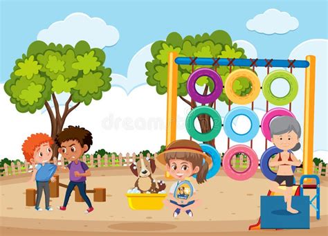 Playground Scene With Children Cartoon Stock Vector Illustration Of