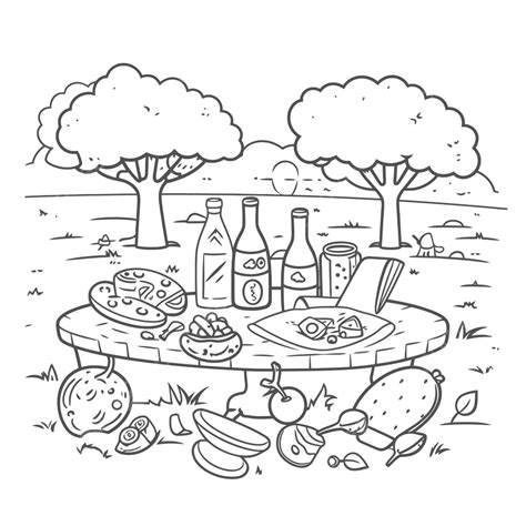 Coloring Page For A Picnic With Drinks Outline Sketch Drawing Vector