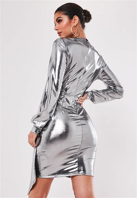 Tall Silver Metallic Wrap Front Dress Missguided