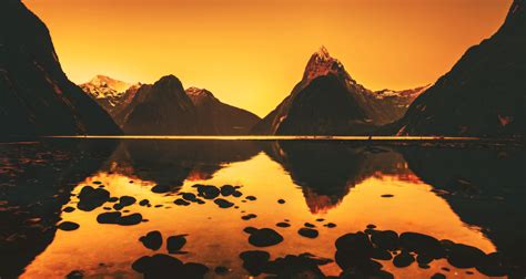 Photography Mountain Lake Sunset Orange Nature Landscape Reflection Stones Pebbles