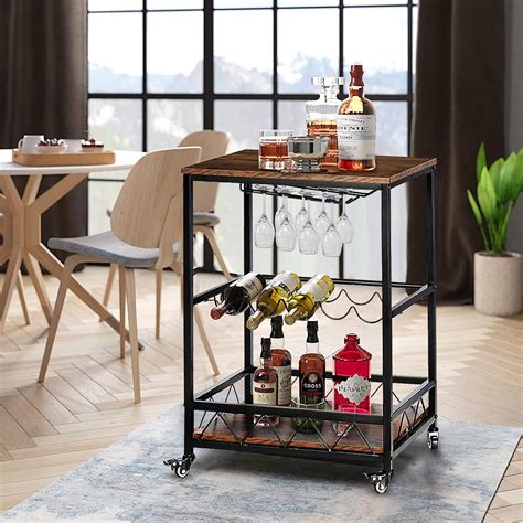 Industrial Bar Carts On Wheels With Wine Rack And Glass Holder 3 Tier