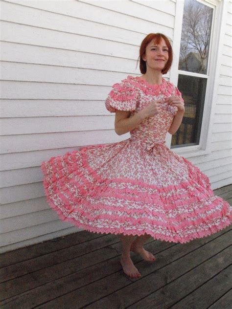 Vintage Square Dancing Dress Pink Floral Print Dance Rockabilly Full