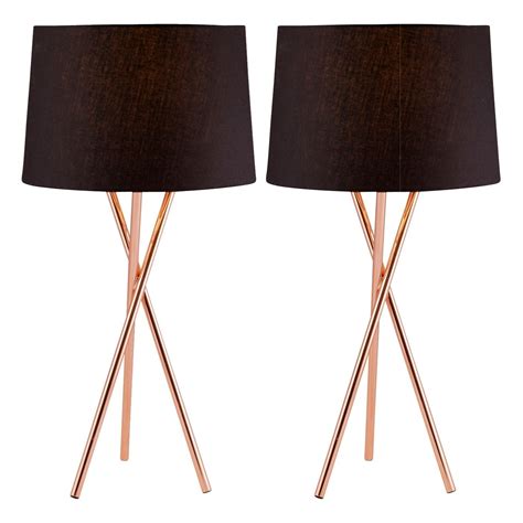 Pair Copper Tripod Table Lamp With Black Fabric Shade